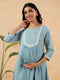 Janasya Women's Light Blue Dobby Pure Cotton Yoke Embroidered A-line Maternity Kurta Pant Set